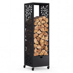 Range bûches vertical plein acier noir motif arbre H. 140 CM pour cheminée avec roulettes et tiroir