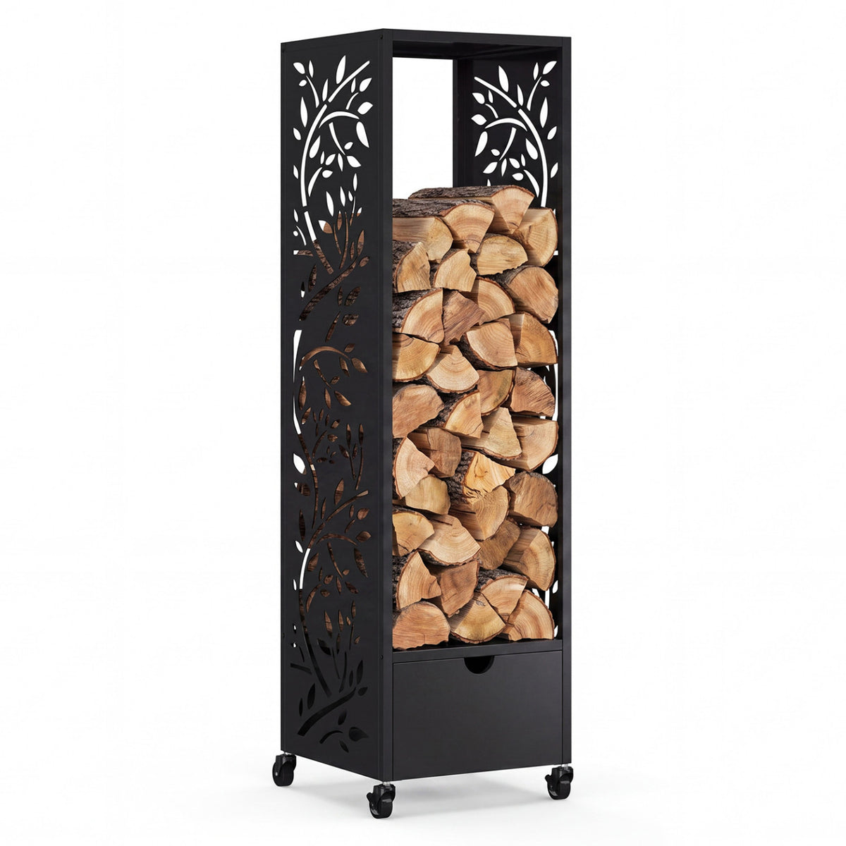 Range bûches vertical plein acier noir motif arbre H. 140 CM pour cheminée avec roulettes et tiroir