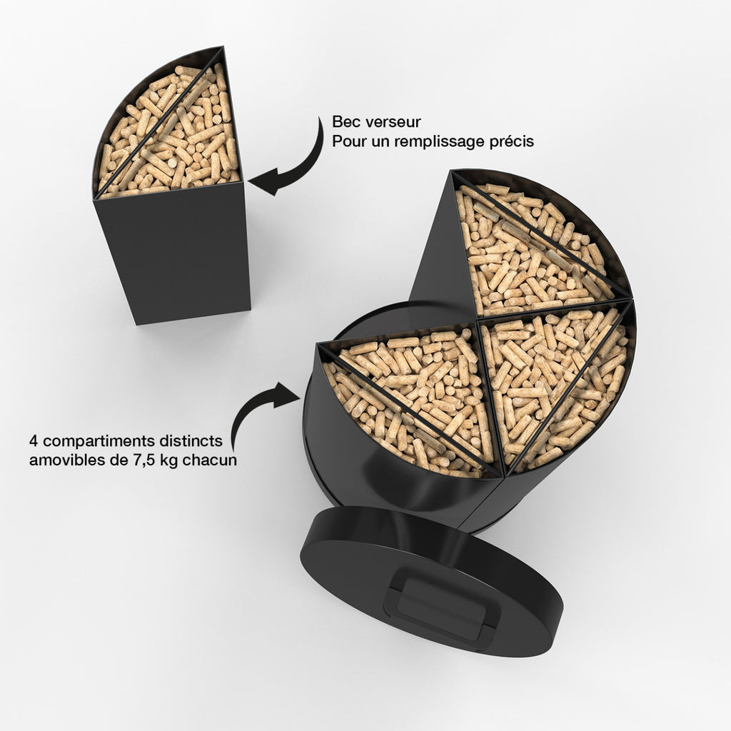 Réservoir à granulés rond 30 KG noir 4 compartiments détachables avec bec verseur rangement à pellets 35 x 35 x 63,5 cm