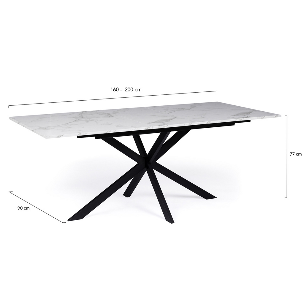 Table à manger extensible rectangle ALIX 6-10 personnes pied araignée noir plateau effet marbre blanc ALASKA 160-200 cm
