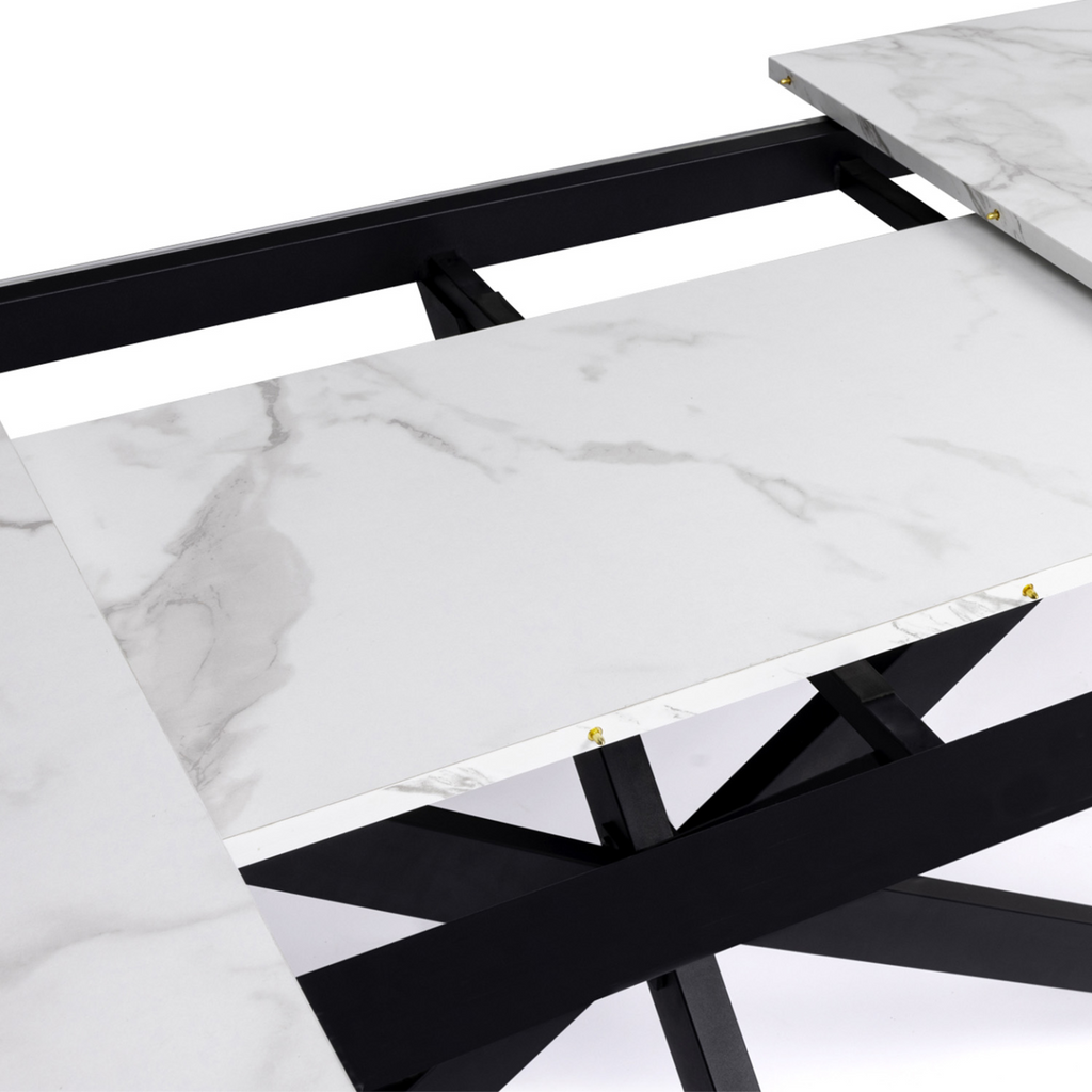 Table à manger extensible rectangle ALIX 6-10 personnes pied araignée noir plateau effet marbre blanc ALASKA 160-200 cm