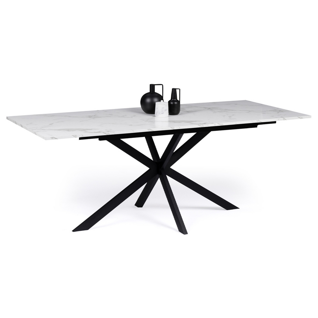Table à manger extensible rectangle ALIX 6-10 personnes pied araignée noir plateau effet marbre blanc ALASKA 160-200 cm