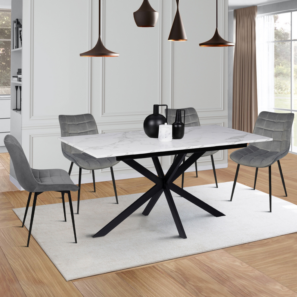 Table à manger extensible rectangle ALIX 6-10 personnes pied araignée noir plateau effet marbre blanc ALASKA 160-200 cm