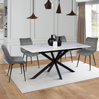 Table à manger extensible rectangle ALIX 6-10 personnes pied araignée noir plateau effet marbre blanc ALASKA 160-200 cm