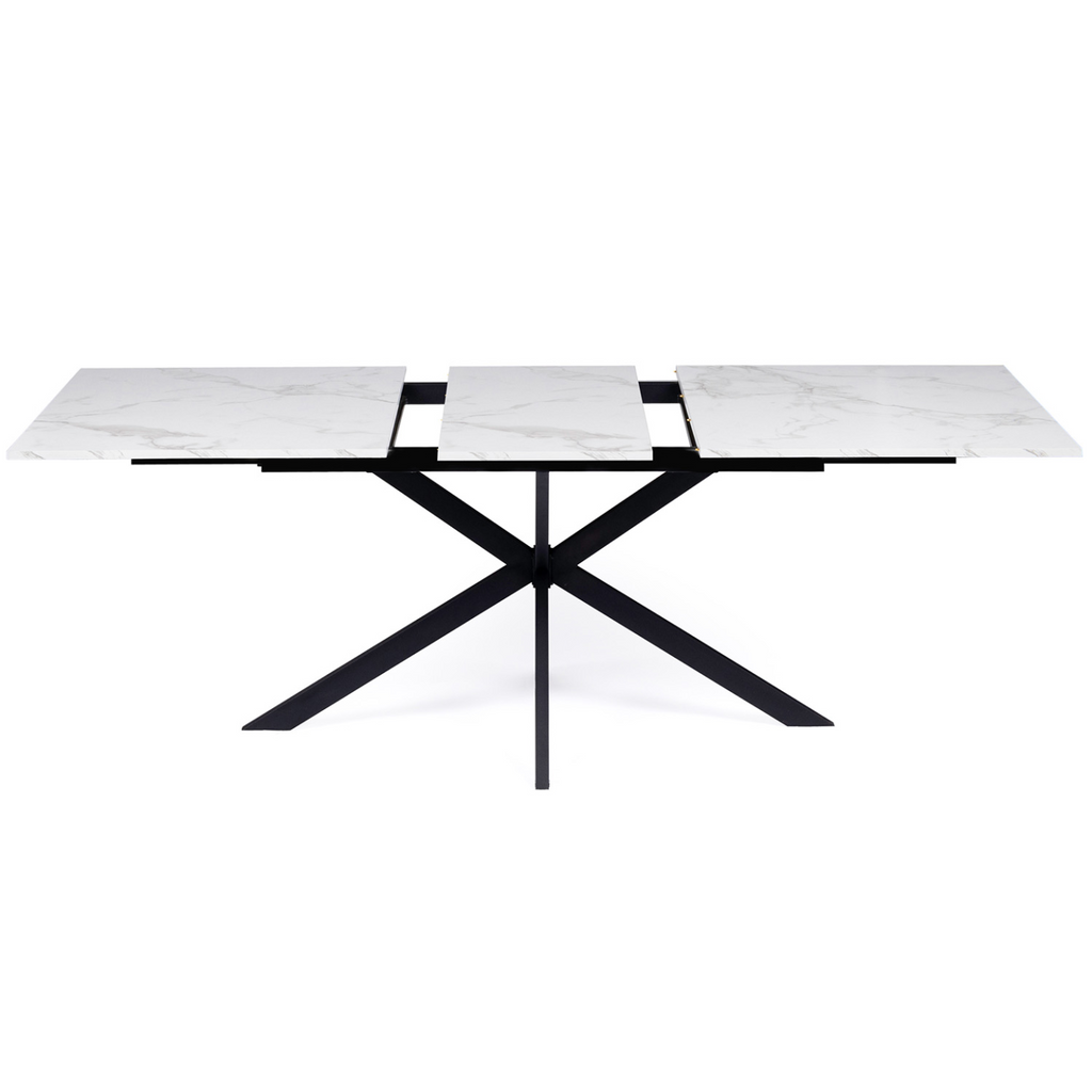 Table à manger extensible rectangle ALIX 6-10 personnes pied araignée noir plateau effet marbre blanc ALASKA 160-200 cm