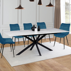 Table à manger extensible rectangle ALIX 6-10 personnes pied araignée noir plateau effet marbre blanc ALASKA 160-200 cm