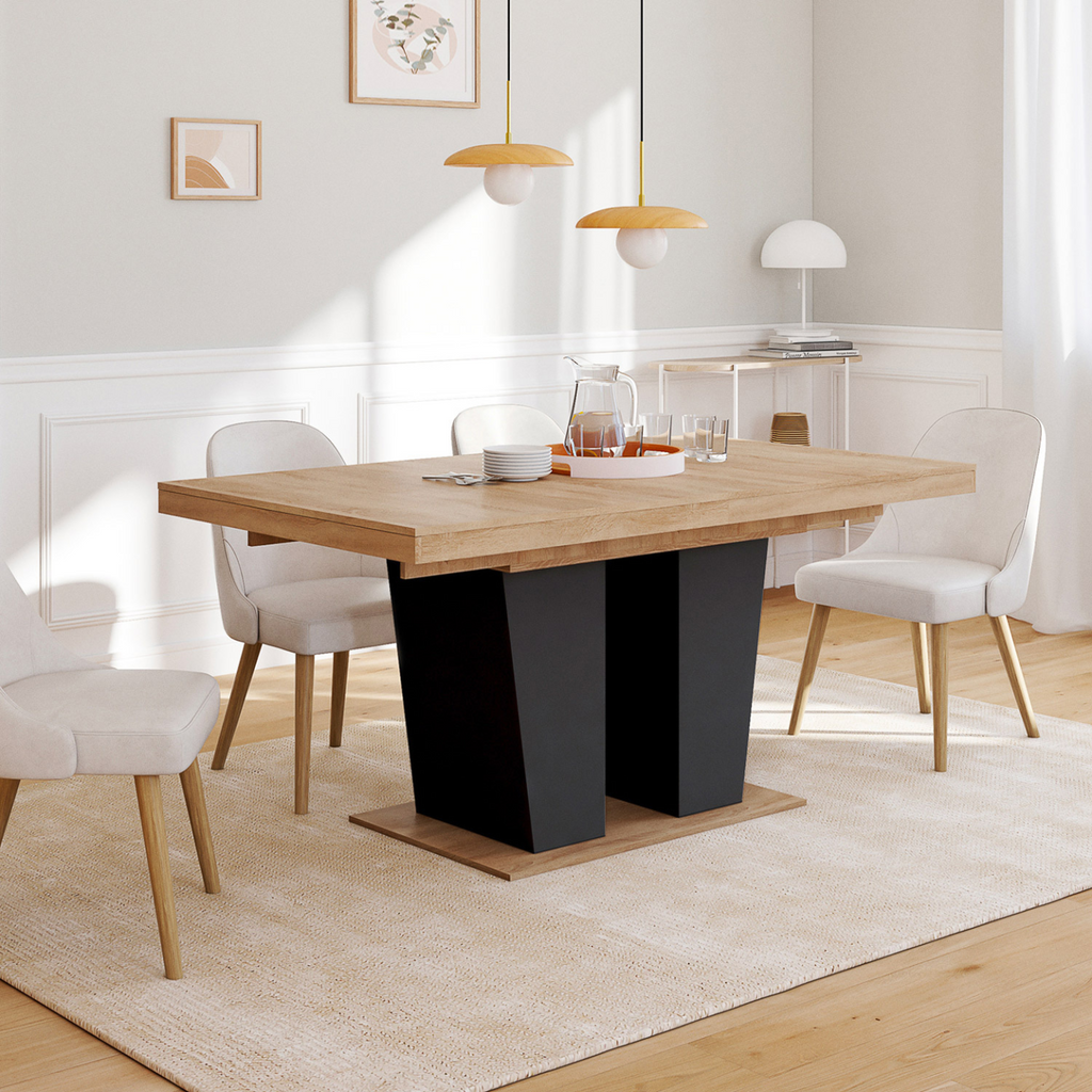 Table à manger extensible rectangle ELIAD 6-10 personnes bois et noir 160-200 cm