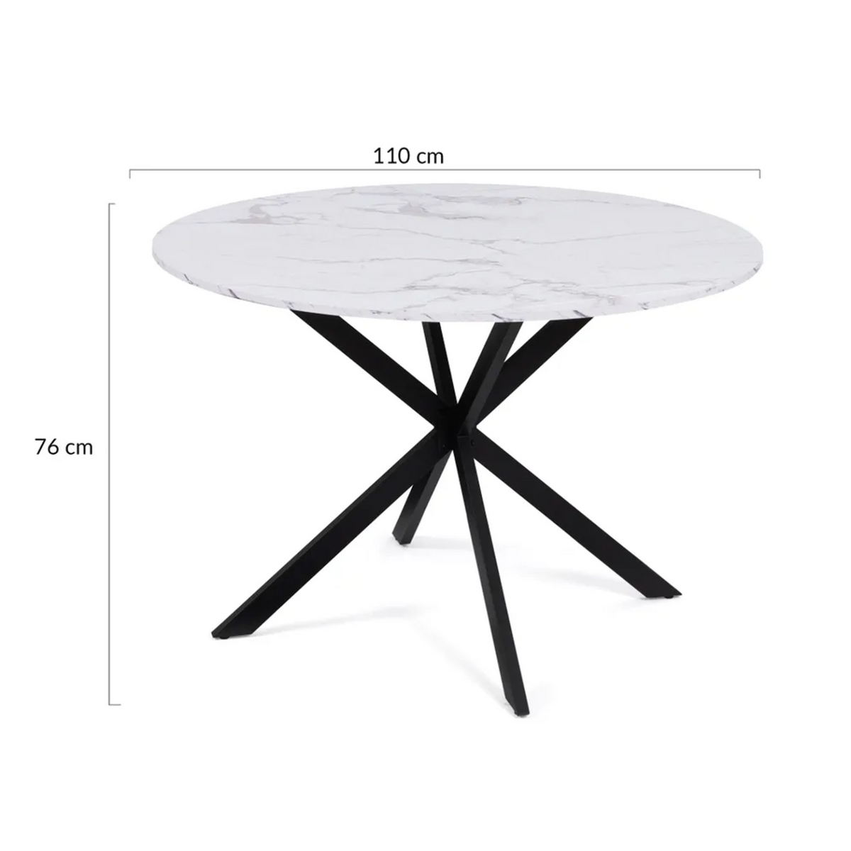 Table à manger ronde ALIX 6 personnes pied araignée noir et plateau effet marbre blanc ALASKA 110 cm