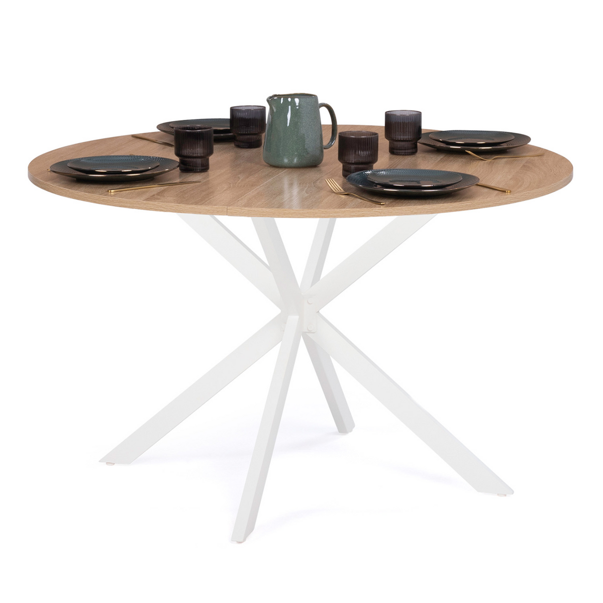 Table à manger ronde ALIX 6 personnes pied araignée bois et blanc 110 cm
