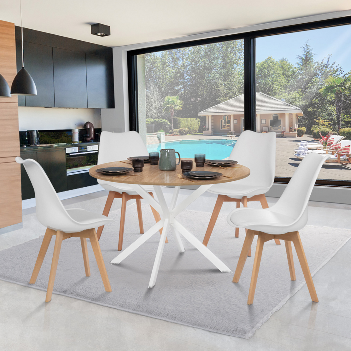 Table à manger ronde ALIX 6 personnes pied araignée bois et blanc 110 cm