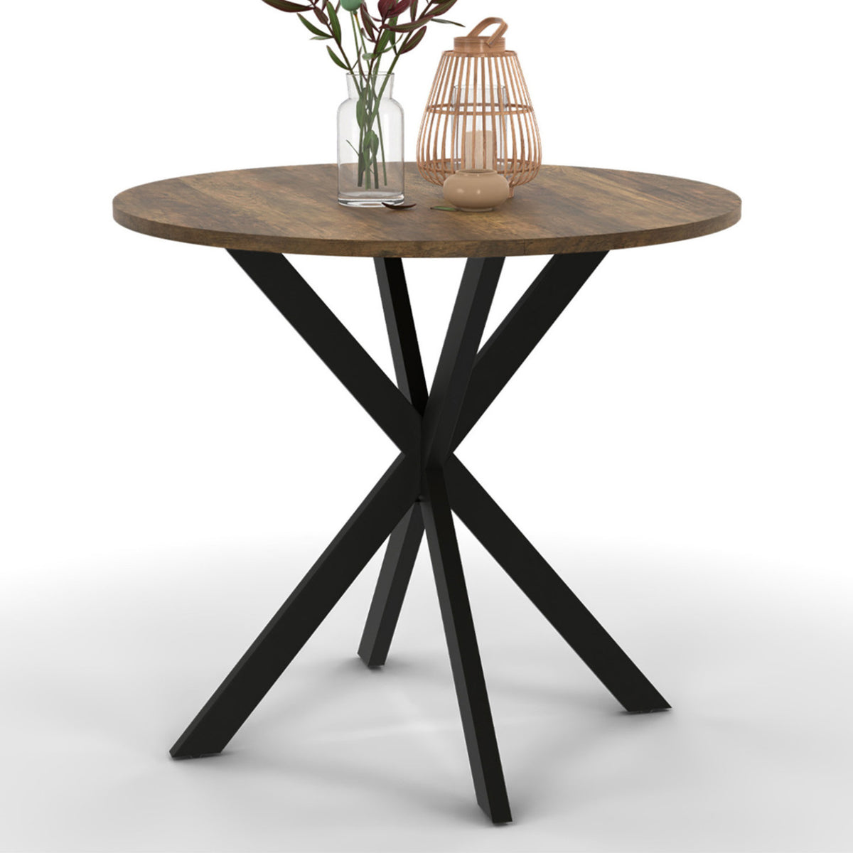 Table à manger ronde ALIX 4 personnes pied araignée noir et plateau bois foncé HAWKINS 80 cm