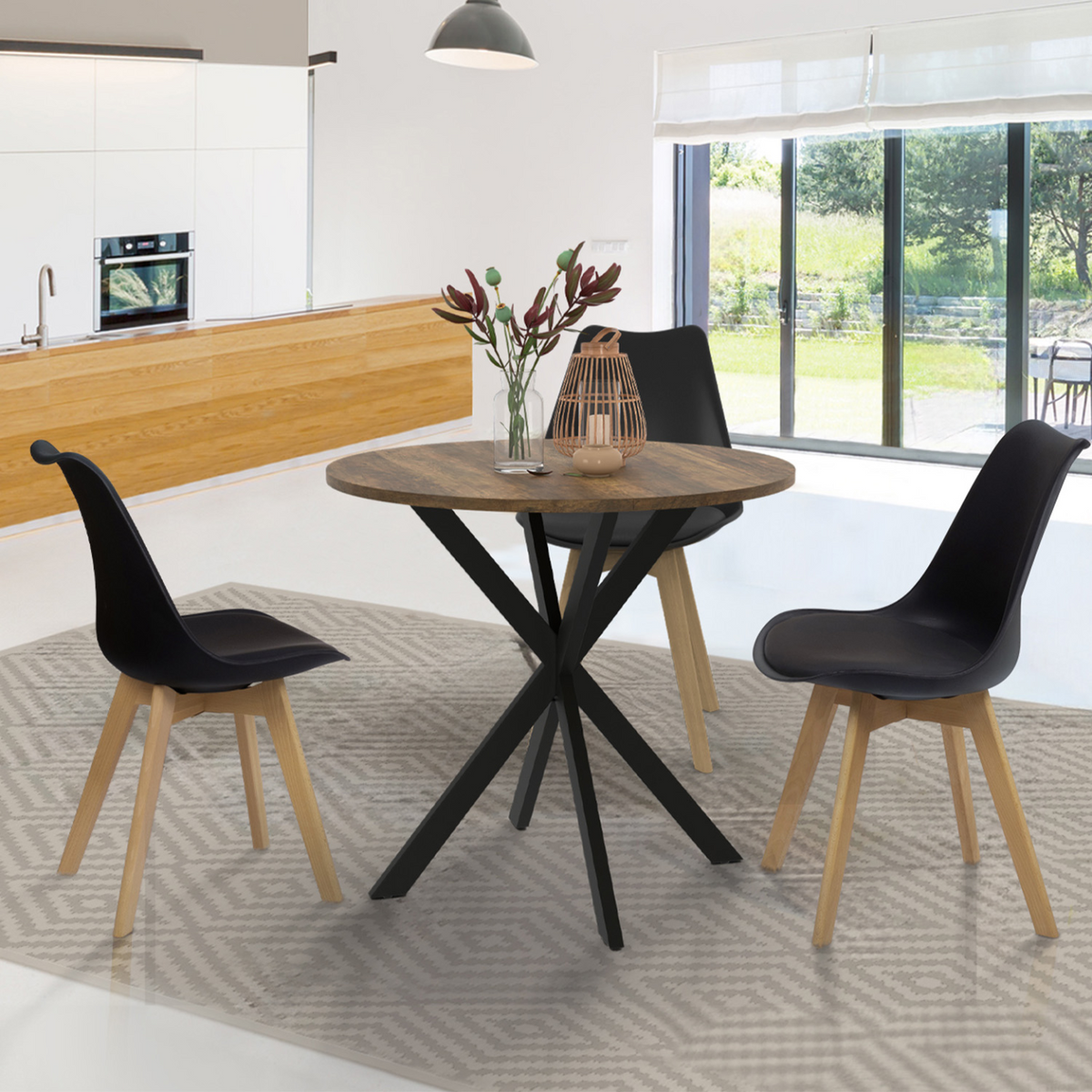 Table à manger ronde ALIX 4 personnes pied araignée noir et plateau bois foncé HAWKINS 80 cm