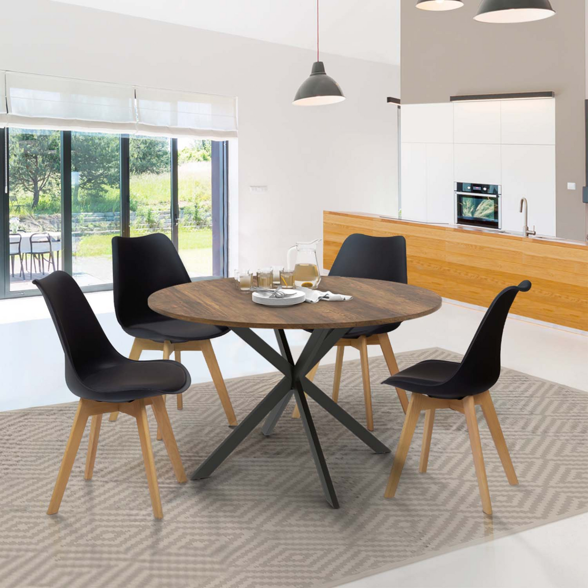 Table à manger ronde ALIX 6 personnes pied araignée noir et plateau bois foncé HAWKINS 110 cm