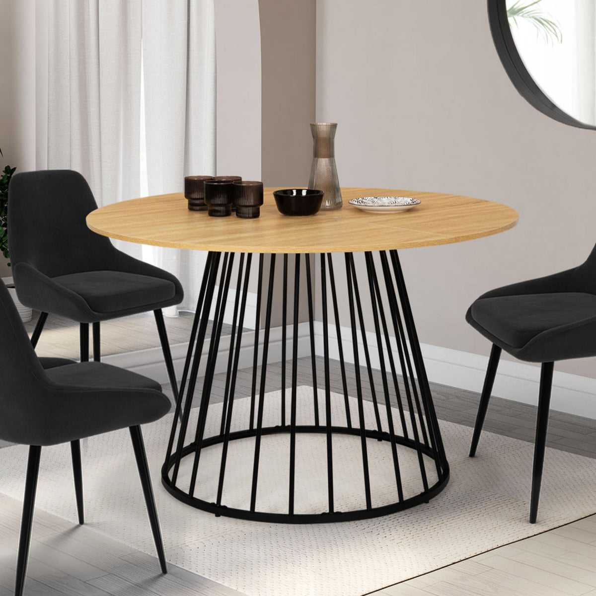 Table à manger ronde YUNA 6 personnes plateau bois et pied filaire en métal noir 110 cm