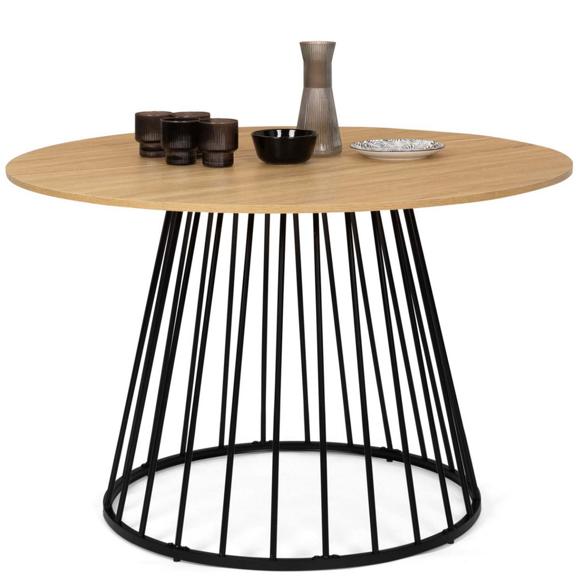 Table à manger ronde YUNA 6 personnes plateau bois et pied filaire en métal noir 110 cm
