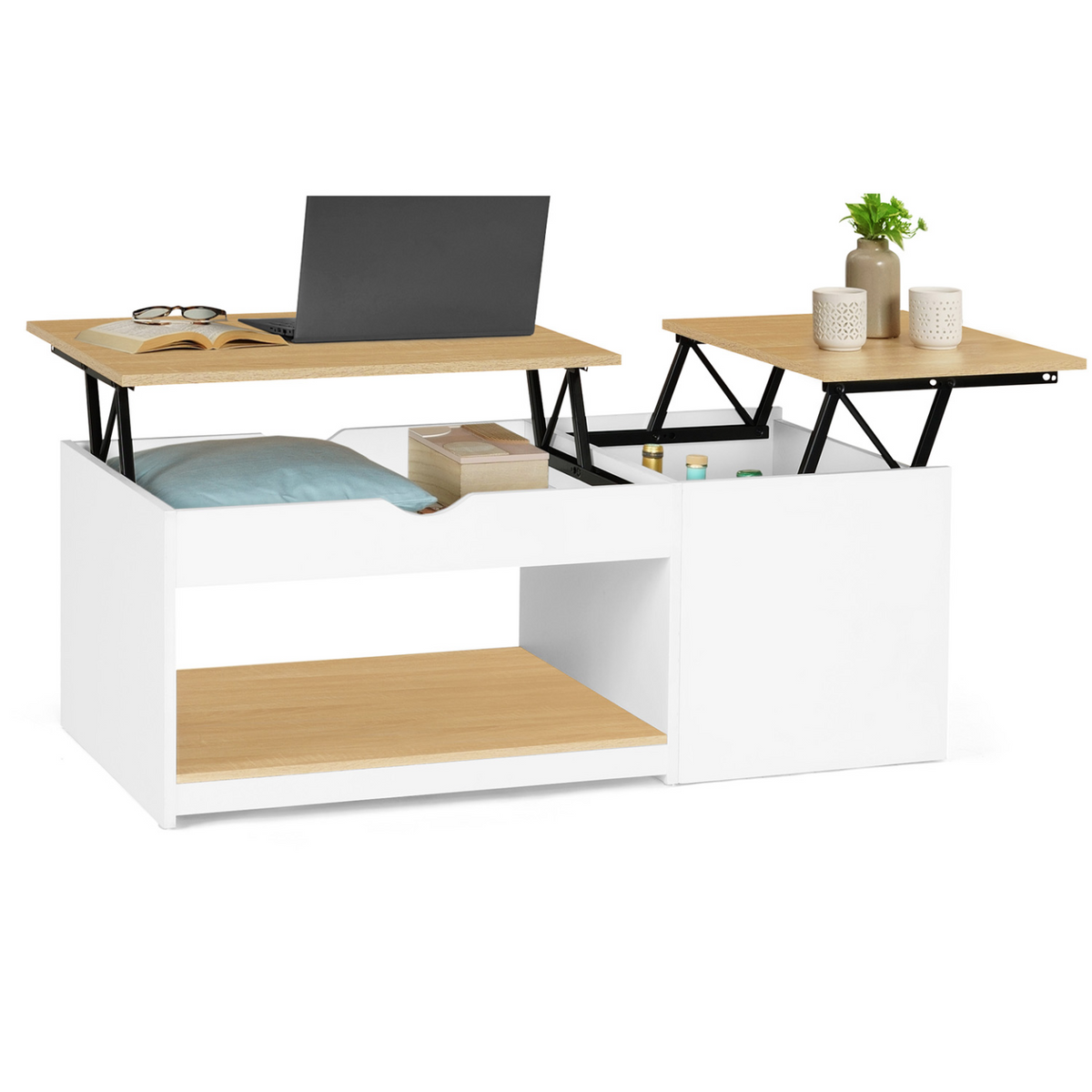 Table basse 2 plateaux relevables ELEA avec coffre bois blanc et façon hêtre