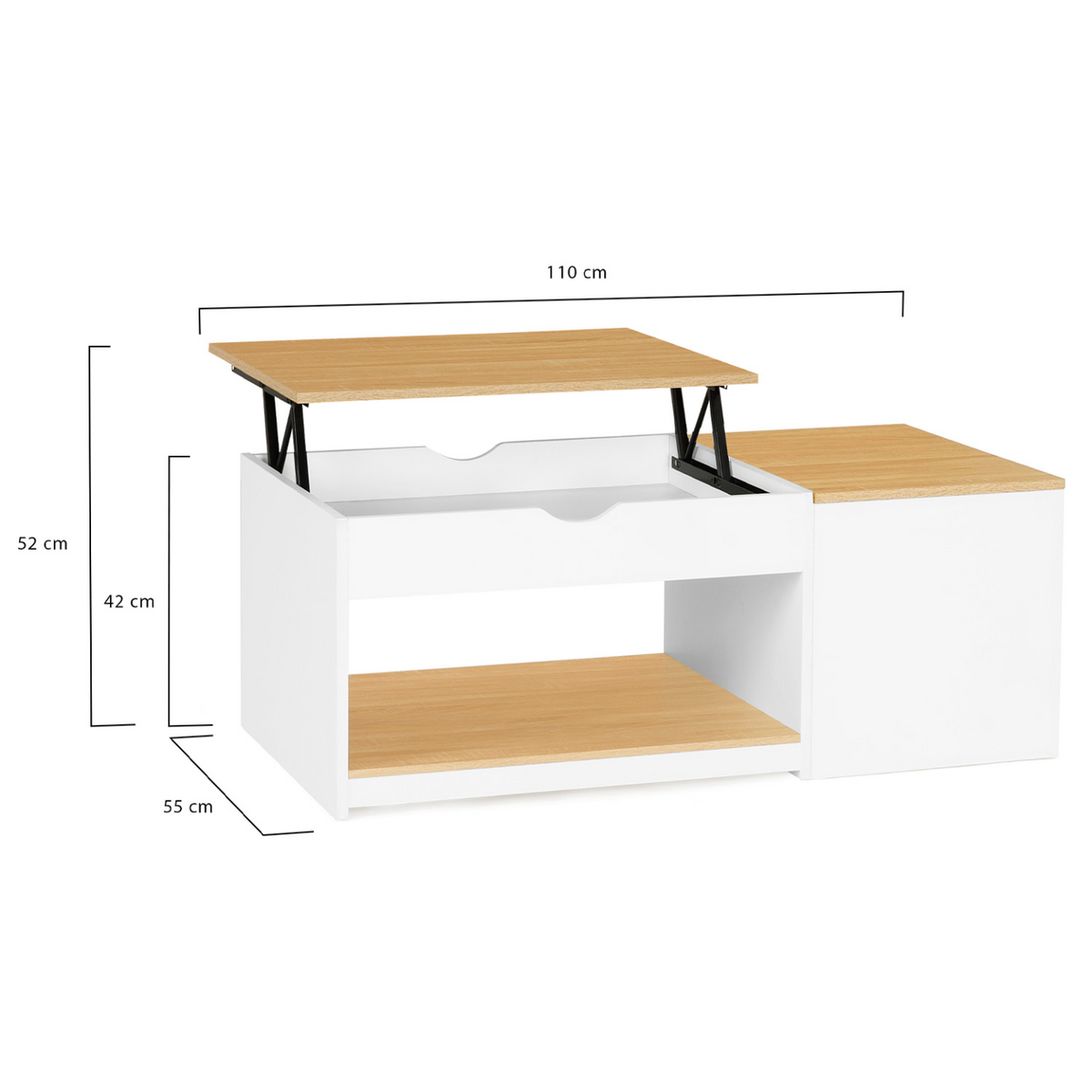 Table basse 2 plateaux relevables ELEA avec coffre bois blanc et façon hêtre