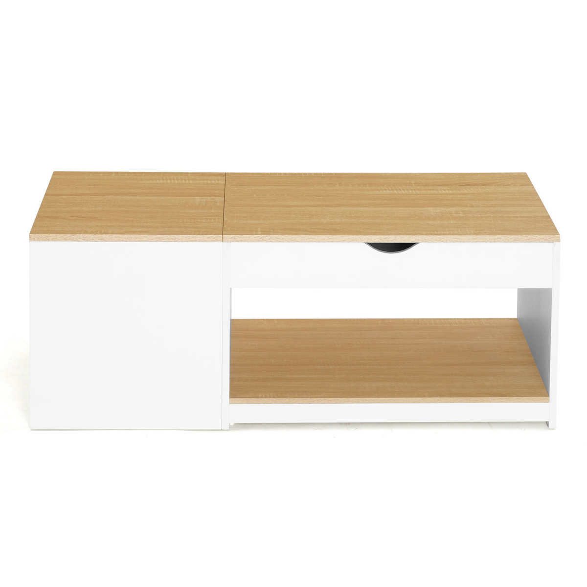 Table basse 2 plateaux relevables ELEA avec coffre bois blanc et façon hêtre
