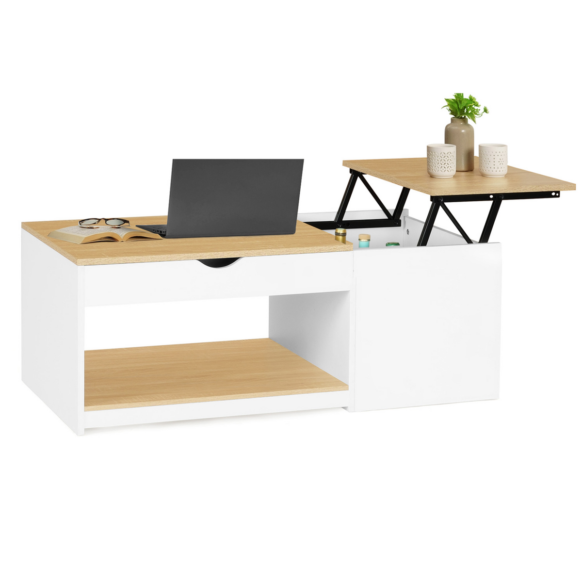 Table basse 2 plateaux relevables ELEA avec coffre bois blanc et façon hêtre