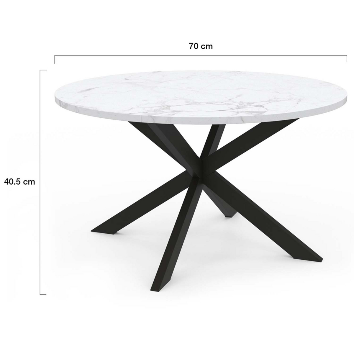 Table basse ronde ALASKA 70 cm plateau effet marbre blanc et  pied araignée métal noir