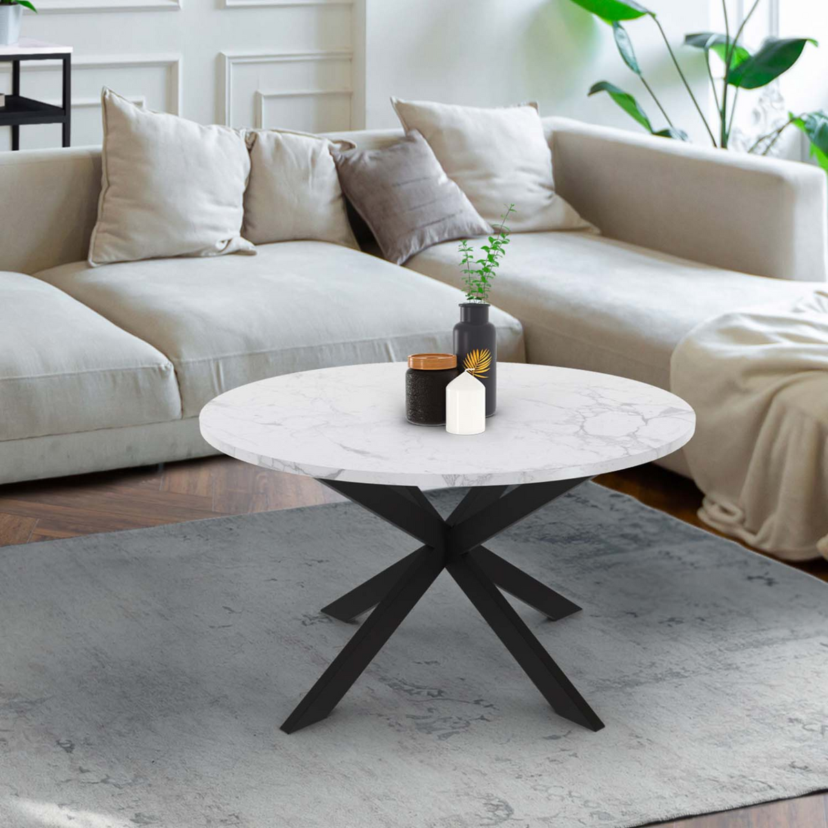 Table basse ronde ALASKA 70 cm plateau effet marbre blanc et  pied araignée métal noir