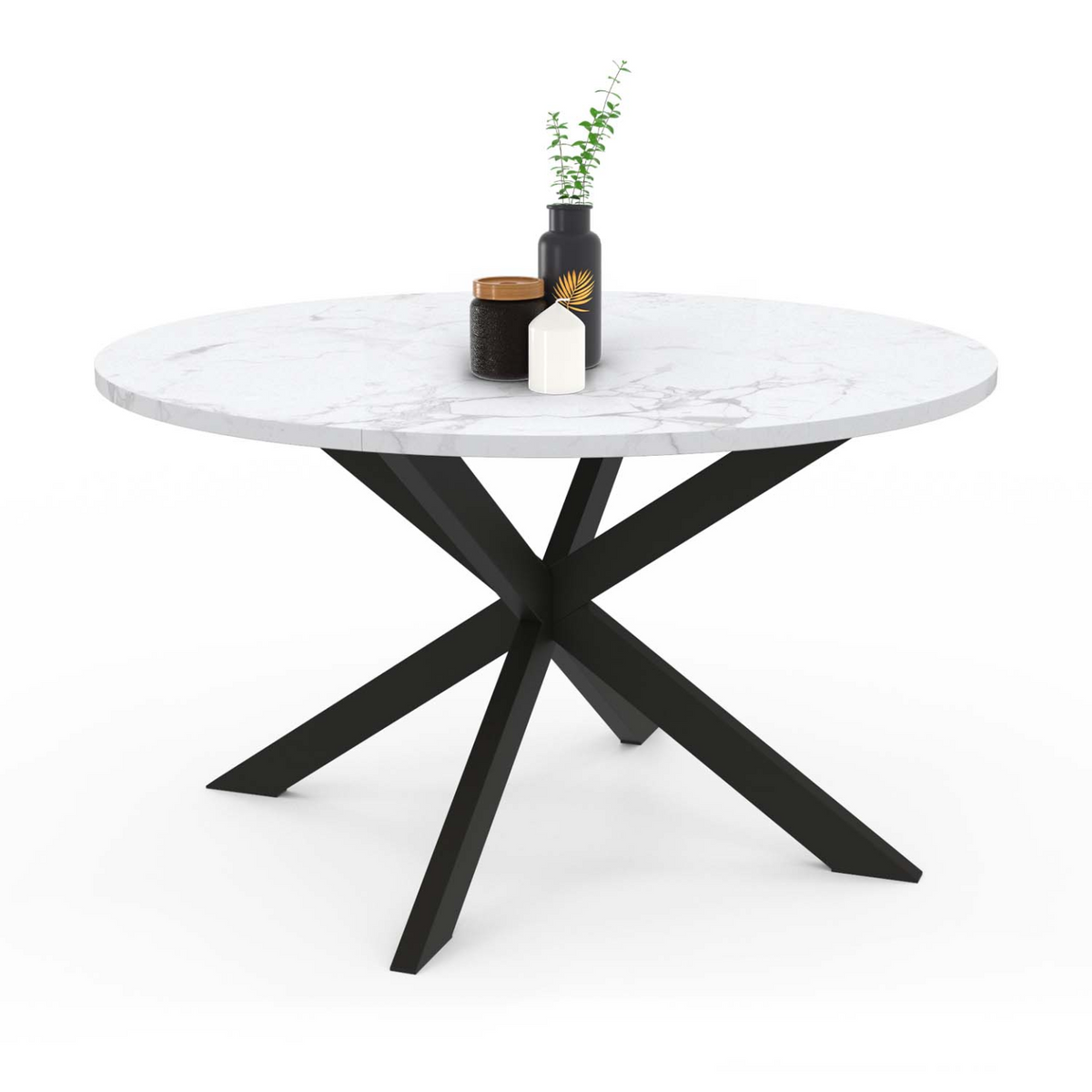 Table basse ronde ALASKA 70 cm plateau effet marbre blanc et  pied araignée métal noir