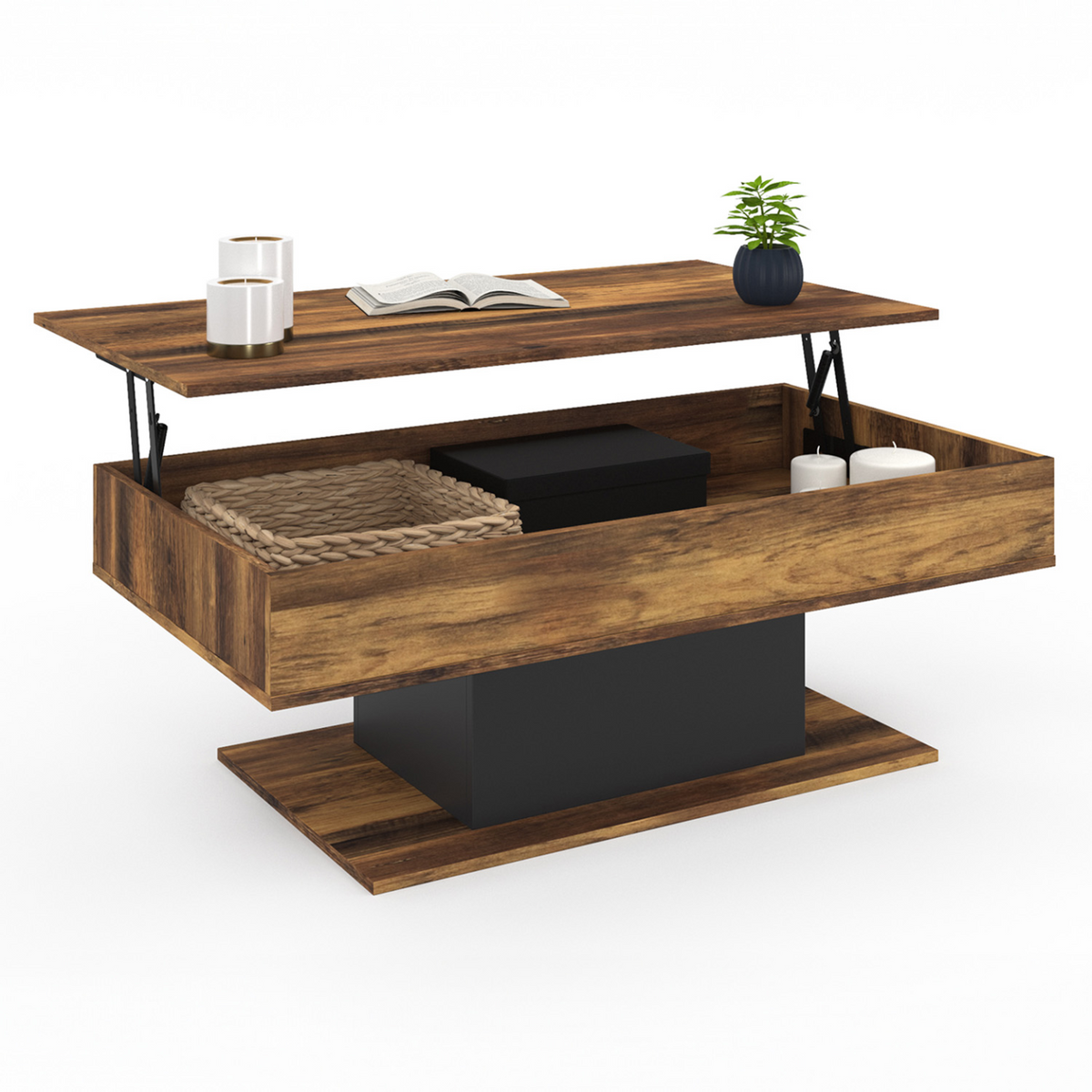 Table basse plateau relevable rectangulaire EDEN bois foncé effet vieilli et noir