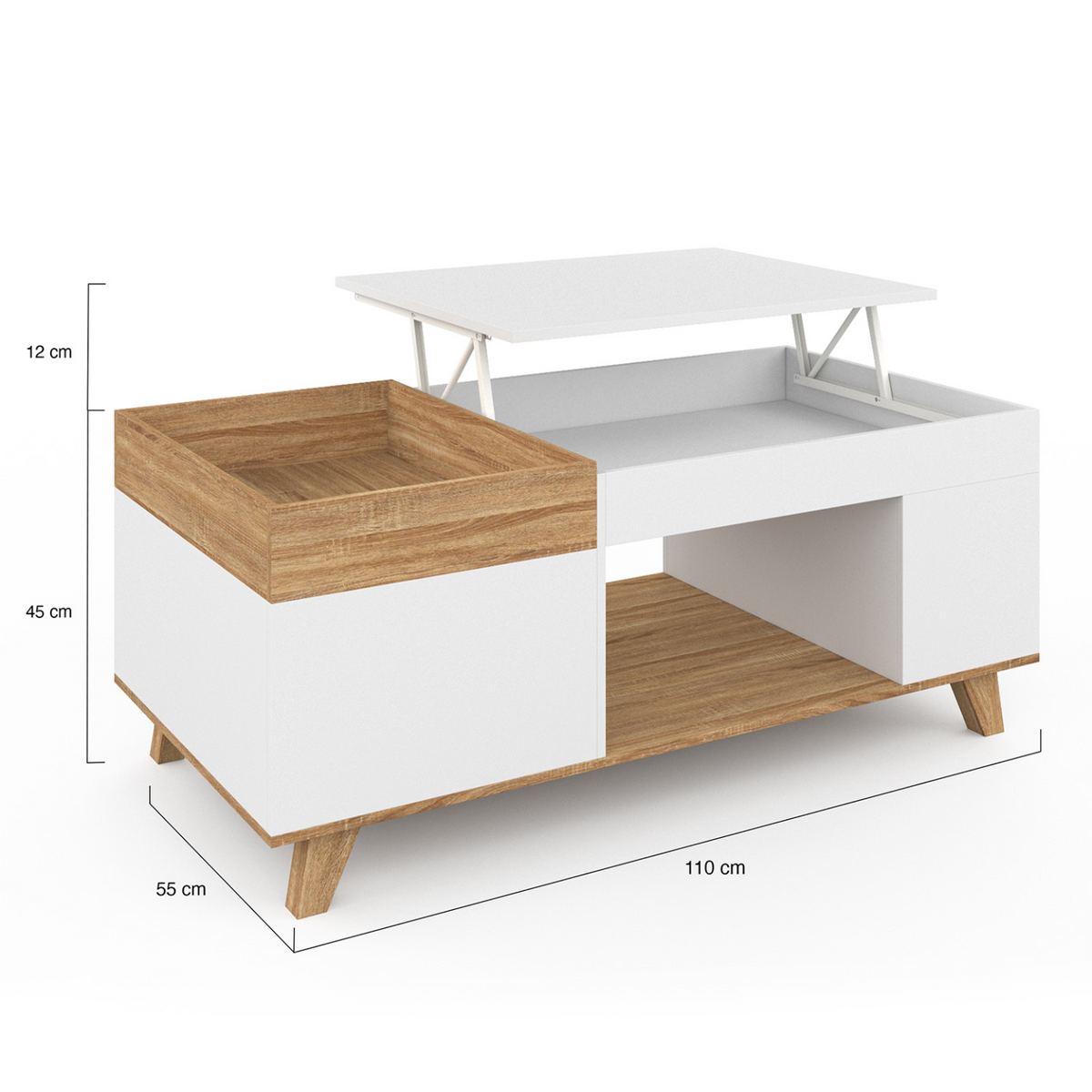 Table basse rectangulaire plateau relevable et plateau amovible avec coffre LOLA bois et blanc