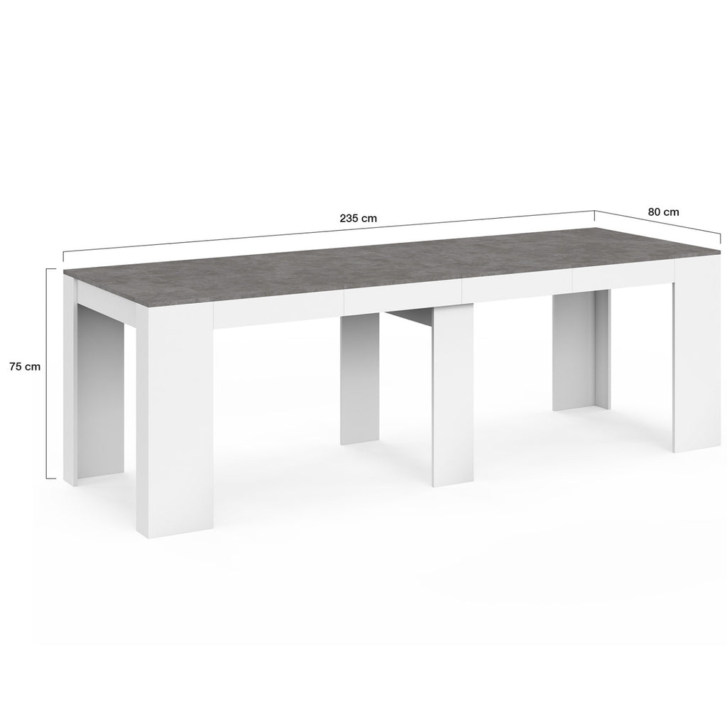 Table console extensible ORLANDO 10 personnes 235 cm bois blanc et effet  béton