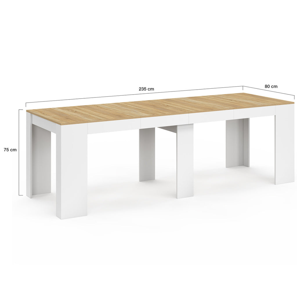 Table console extensible ORLANDO 10 personnes 235 cm bois blanc et façon hêtre