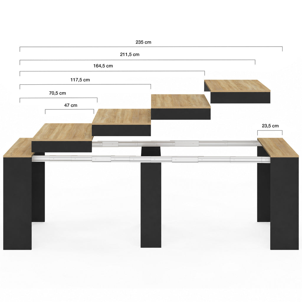 Table console extensible ORLANDO 10 personnes 235 cm bois noir et façon hêtre