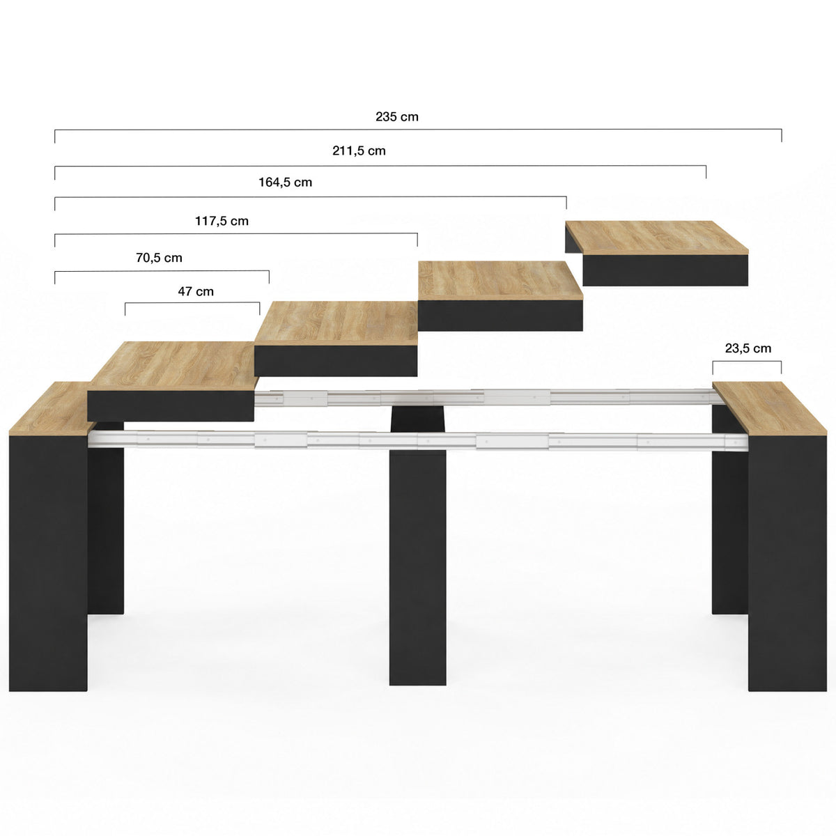 Table console extensible ORLANDO 10 personnes 235 cm bois noir et façon hêtre