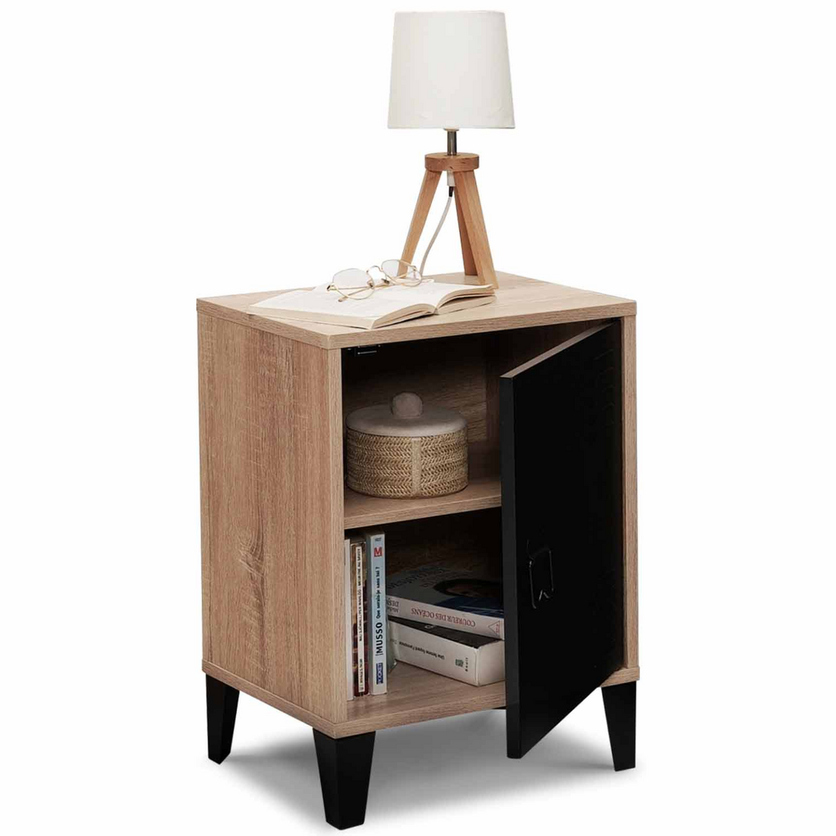 Table de chevet ESTER effet bois 1 porte métal noir design industriel