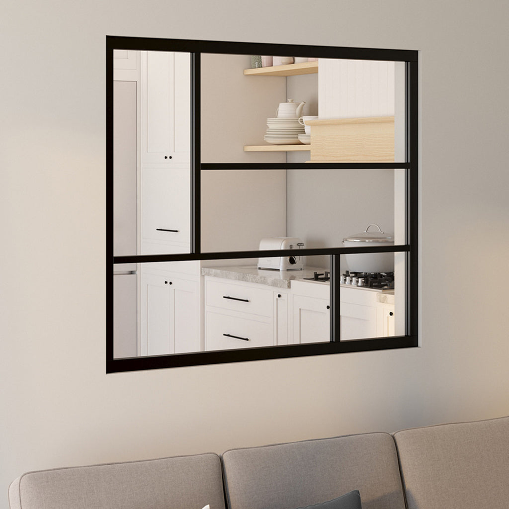 Verrière atelier géométrique L. 93 x H. 108 cm en métal noir et verre trempé